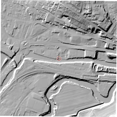 Shaded relief map of the ground around S649HW, computed from Environment Agency LiDAR. The ground here sits at about 16 m above sea level and falls 46 m across the surrounding 800 m. Surface water reaching this point runs off ground lying to the north-east, 39.7 m higher.