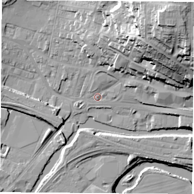 Shaded relief map of the ground around S649JB, computed from Environment Agency LiDAR. The ground here sits at about 18 m above sea level and falls 48 m across the surrounding 800 m. Surface water reaching this point runs off ground lying to the north-east, 42.8 m higher.