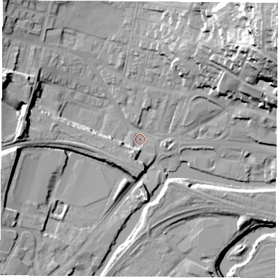 Shaded relief map of the ground around S649LY, computed from Environment Agency LiDAR. The ground here sits at about 17 m above sea level and falls 45 m across the surrounding 800 m. Surface water reaching this point runs off ground lying to the south, 5.3 m higher.