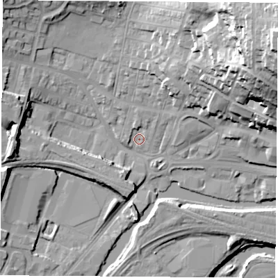 Shaded relief map of the ground around S649LZ, computed from Environment Agency LiDAR. The ground here sits at about 17 m above sea level and falls 48 m across the surrounding 800 m. Surface water reaching this point runs off ground lying to the north-east, 2.9 m higher.