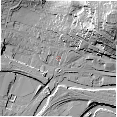 Shaded relief map of the ground around S649NA, computed from Environment Agency LiDAR. The ground here sits at about 18 m above sea level and falls 48 m across the surrounding 800 m. Surface water reaching this point runs off ground lying to the north-east, 27.5 m higher.
