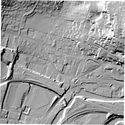 Shaded relief map of the ground around S649NF, computed from Environment Agency LiDAR. The ground here sits at about 18 m above sea level and falls 45 m across the surrounding 800 m. Surface water reaching this point runs off ground lying to the north-north-east, 1.4 m higher.