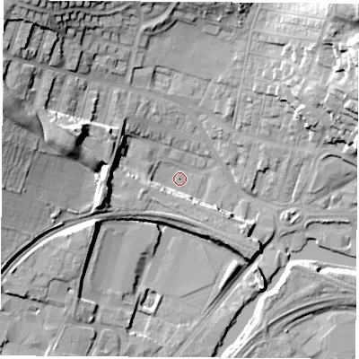 Shaded relief map of the ground around S649QP, computed from Environment Agency LiDAR. The ground here sits at about 17 m above sea level and falls 26 m across the surrounding 800 m. Surface water reaching this point runs off ground lying to the west-north-west, 17.5 m higher.