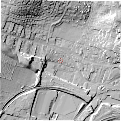 Shaded relief map of the ground around S649QS, computed from Environment Agency LiDAR. The ground here sits at about 19 m above sea level and falls 30 m across the surrounding 800 m. Surface water reaching this point runs off ground lying to the west-north-west, 3.0 m higher.