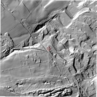 Shaded relief map of the ground around S64BE, computed from Environment Agency LiDAR. The ground here sits at about 158 m above sea level and falls 134 m across the surrounding 800 m. Surface water reaching this point runs off ground lying to the south-west, 55.6 m higher.