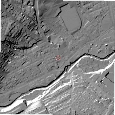 Shaded relief map of the ground around S64GU, computed from Environment Agency LiDAR. The ground here sits at about 66 m above sea level and falls 41 m across the surrounding 800 m. Surface water reaching this point runs off ground lying to the north-west, 33.7 m higher.