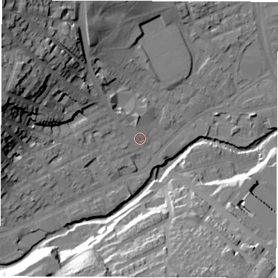 Shaded relief map of the ground around S64GY, computed from Environment Agency LiDAR. The ground here sits at about 66 m above sea level and falls 40 m across the surrounding 800 m. Surface water reaching this point runs off ground lying to the north-west, 32.5 m higher.