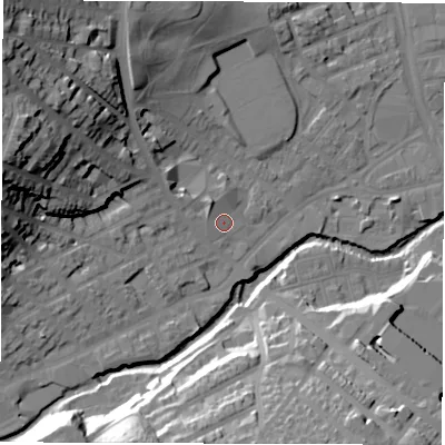 Shaded relief map of the ground around S64HL, computed from Environment Agency LiDAR. The ground here sits at about 66 m above sea level and falls 38 m across the surrounding 800 m. Surface water reaching this point runs off ground lying to the west-north-west, 2.1 m higher.