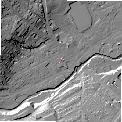 Shaded relief map of the ground around S64JL, computed from Environment Agency LiDAR. The ground here sits at about 67 m above sea level and falls 43 m across the surrounding 800 m. Surface water reaching this point runs off ground lying to the west-north-west, 17.6 m higher.