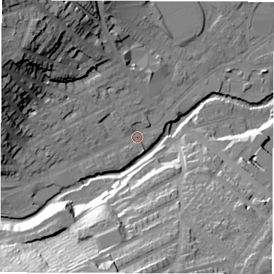 Shaded relief map of the ground around S64JP, computed from Environment Agency LiDAR. The ground here sits at about 66 m above sea level and falls 45 m across the surrounding 800 m. Surface water reaching this point runs off ground lying to the west-north-west, 26.8 m higher.