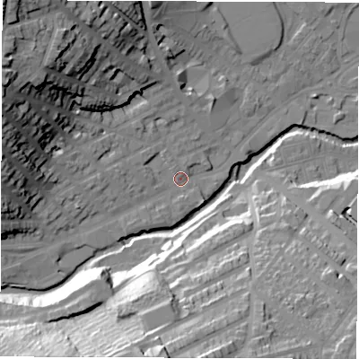 Shaded relief map of the ground around S64JQ, computed from Environment Agency LiDAR. The ground here sits at about 67 m above sea level and falls 44 m across the surrounding 800 m. Surface water reaching this point runs off ground lying to the west-north-west, 31.5 m higher.