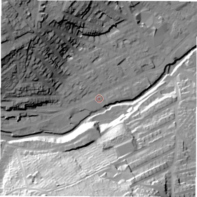 Shaded relief map of the ground around S64JR, computed from Environment Agency LiDAR. The ground here sits at about 68 m above sea level and falls 63 m across the surrounding 800 m. Surface water reaching this point runs off ground lying to the west-north-west, 37.4 m higher.