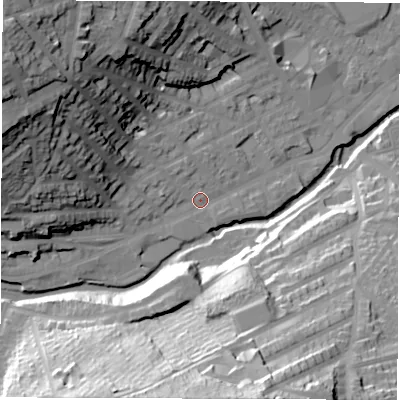 Shaded relief map of the ground around S64JW, computed from Environment Agency LiDAR. The ground here sits at about 68 m above sea level and falls 56 m across the surrounding 800 m. Surface water reaching this point runs off ground lying to the west-north-west, 37.5 m higher.