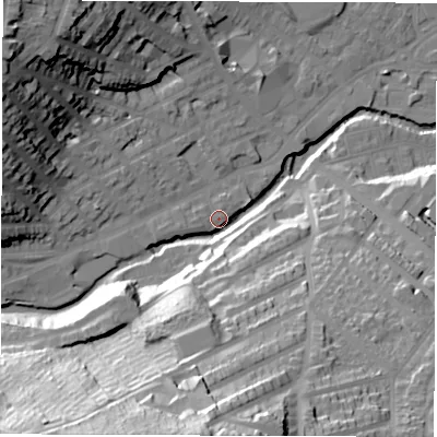 Shaded relief map of the ground around S64LA, computed from Environment Agency LiDAR. The ground here sits at about 67 m above sea level and falls 59 m across the surrounding 800 m. Surface water reaching this point runs off ground lying to the south, 55.0 m higher.