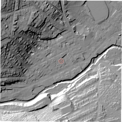 Shaded relief map of the ground around S64LB, computed from Environment Agency LiDAR. The ground here sits at about 68 m above sea level and falls 49 m across the surrounding 800 m. Surface water reaching this point runs off ground lying to the west-north-west, 36.6 m higher.
