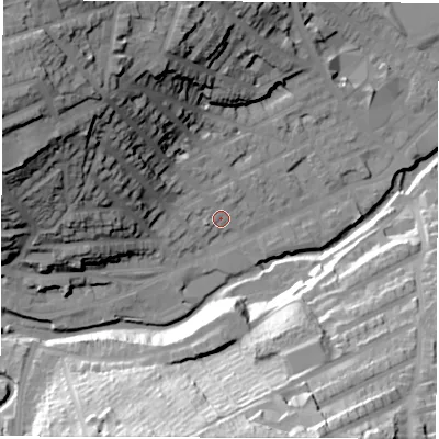 Shaded relief map of the ground around S64LR, computed from Environment Agency LiDAR. The ground here sits at about 69 m above sea level and falls 53 m across the surrounding 800 m. Surface water reaching this point runs off ground lying to the west-north-west, 33.5 m higher.