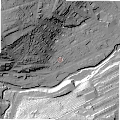 Shaded relief map of the ground around S64LU, computed from Environment Agency LiDAR. The ground here sits at about 70 m above sea level and falls 55 m across the surrounding 800 m. Surface water reaching this point runs off ground lying to the north-west, 30.3 m higher.