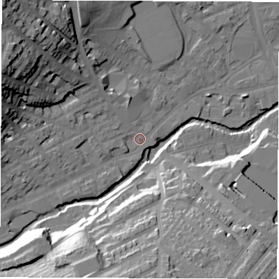 Shaded relief map of the ground around S64NH, computed from Environment Agency LiDAR. The ground here sits at about 66 m above sea level and falls 37 m across the surrounding 800 m. Surface water reaching this point runs off ground lying to the north-west, 30.2 m higher.