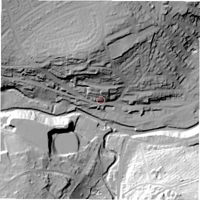 Shaded relief map of the ground around S64TE, computed from Environment Agency LiDAR. The ground here sits at about 81 m above sea level and falls 54 m across the surrounding 800 m. Surface water reaching this point runs off ground lying to the north-north-west, 33.2 m higher.