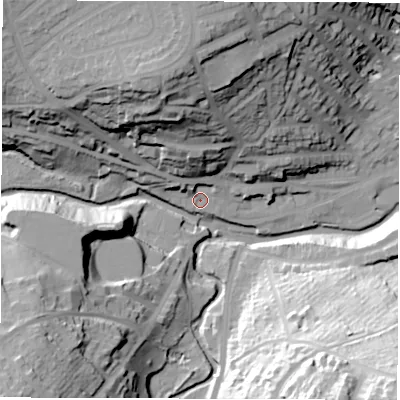 Shaded relief map of the ground around S64TN, computed from Environment Agency LiDAR. The ground here sits at about 73 m above sea level and falls 64 m across the surrounding 800 m. Surface water reaching this point runs off ground lying to the north-north-west, 37.5 m higher.