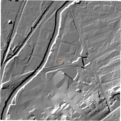 Shaded relief map of the ground around S651AB, computed from Environment Agency LiDAR. The ground here sits at about 26 m above sea level and falls 30 m across the surrounding 800 m. Surface water reaching this point runs off ground lying to the east-south-east, 3.5 m higher.
