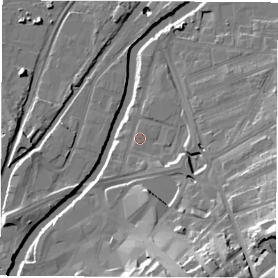 Shaded relief map of the ground around S651AD, computed from Environment Agency LiDAR. The ground here sits at about 26 m above sea level and falls 34 m across the surrounding 800 m. Surface water reaching this point runs off ground lying to the south-east, 25.1 m higher.