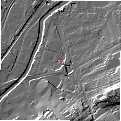 Shaded relief map of the ground around S651AH, computed from Environment Agency LiDAR. The ground here sits at about 26 m above sea level and falls 41 m across the surrounding 800 m. Surface water reaching this point runs off ground lying to the east-south-east, 31.4 m higher.