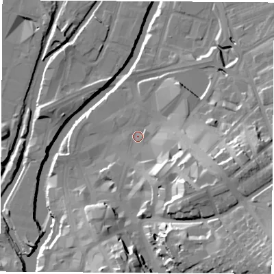 Shaded relief map of the ground around S651AL, computed from Environment Agency LiDAR. The ground here sits at about 28 m above sea level and falls 38 m across the surrounding 800 m. Surface water reaching this point runs off ground lying to the south-east, 12.4 m higher.