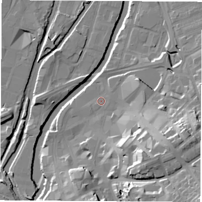 Shaded relief map of the ground around S651AP, computed from Environment Agency LiDAR. The ground here sits at about 27 m above sea level and falls 34 m across the surrounding 800 m. Surface water reaching this point runs off ground lying to the south-east, 22.9 m higher.