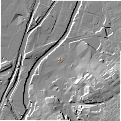 Shaded relief map of the ground around S651AT, computed from Environment Agency LiDAR. The ground here sits at about 27 m above sea level and falls 33 m across the surrounding 800 m. Surface water reaching this point runs off ground lying to the south-south-east, 2.1 m higher.