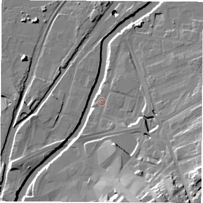 Shaded relief map of the ground around S651BJ, computed from Environment Agency LiDAR. The ground here sits at about 25 m above sea level and falls 33 m across the surrounding 800 m. Surface water reaching this point runs off ground lying to the south-east, 24.0 m higher.