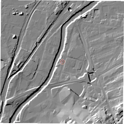 Shaded relief map of the ground around S651BL, computed from Environment Agency LiDAR. The ground here sits at about 25 m above sea level and falls 33 m across the surrounding 800 m. Surface water reaching this point runs off ground lying to the south-east, 23.2 m higher.