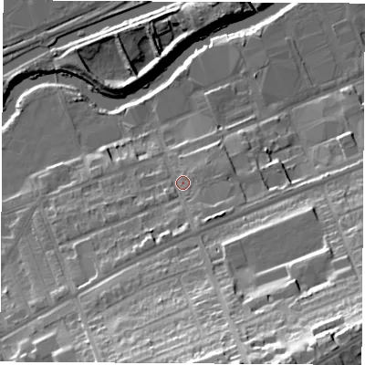 Shaded relief map of the ground around S651QY, computed from Environment Agency LiDAR. The ground here sits at about 30 m above sea level and falls 46 m across the surrounding 800 m. Surface water reaching this point runs off ground lying to the south-east, 6.4 m higher.