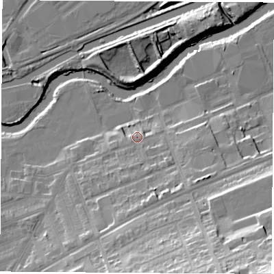 Shaded relief map of the ground around S651RD, computed from Environment Agency LiDAR. The ground here sits at about 27 m above sea level and falls 41 m across the surrounding 800 m. Surface water reaching this point runs off ground lying to the south-south-east, 10.1 m higher.