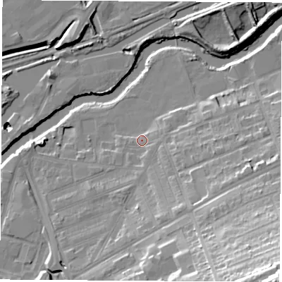 Shaded relief map of the ground around S651RE, computed from Environment Agency LiDAR. The ground here sits at about 25 m above sea level and falls 52 m across the surrounding 800 m. Surface water reaching this point runs off ground lying to the south-east, 10.3 m higher.
