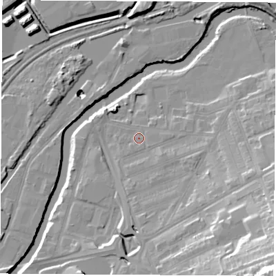 Shaded relief map of the ground around S651RG, computed from Environment Agency LiDAR. The ground here sits at about 25 m above sea level and falls 43 m across the surrounding 800 m. Surface water reaching this point runs off ground lying to the east-south-east, 3.3 m higher.