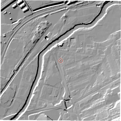 Shaded relief map of the ground around S651RJ, computed from Environment Agency LiDAR. The ground here sits at about 24 m above sea level and falls 38 m across the surrounding 800 m. Surface water reaching this point runs off ground lying to the south-east, 30.1 m higher.