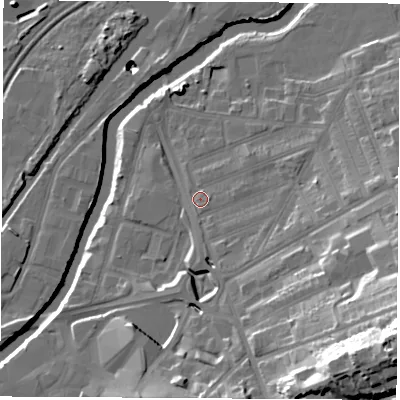 Shaded relief map of the ground around S651RL, computed from Environment Agency LiDAR. The ground here sits at about 27 m above sea level and falls 44 m across the surrounding 800 m. Surface water reaching this point runs off ground lying to the east-south-east, 25.4 m higher.