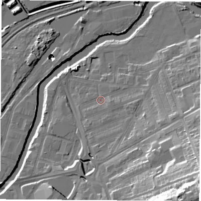 Shaded relief map of the ground around S651RN, computed from Environment Agency LiDAR. The ground here sits at about 25 m above sea level and falls 45 m across the surrounding 800 m. Surface water reaching this point runs off ground lying to the east, 1.7 m higher.