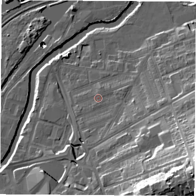 Shaded relief map of the ground around S651RP, computed from Environment Agency LiDAR. The ground here sits at about 27 m above sea level and falls 47 m across the surrounding 800 m. Surface water reaching this point runs off ground lying to the east-south-east, 5.1 m higher.