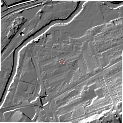 Shaded relief map of the ground around S651RR, computed from Environment Agency LiDAR. The ground here sits at about 27 m above sea level and falls 49 m across the surrounding 800 m. Surface water reaching this point runs off ground lying to the south-east, 5.0 m higher.