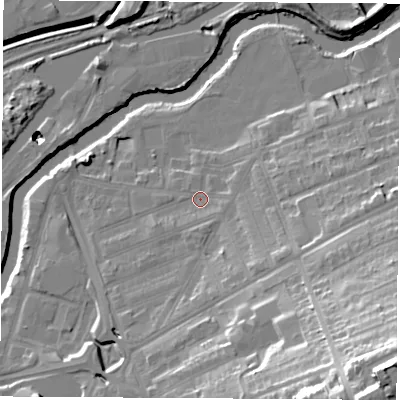 Shaded relief map of the ground around S651RW, computed from Environment Agency LiDAR. The ground here sits at about 25 m above sea level and falls 52 m across the surrounding 800 m. Surface water reaching this point runs off ground lying to the south-south-east, 7.1 m higher.