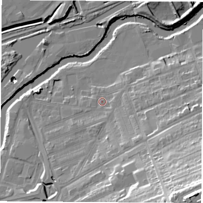 Shaded relief map of the ground around S651SB, computed from Environment Agency LiDAR. The ground here sits at about 26 m above sea level and falls 52 m across the surrounding 800 m. Surface water reaching this point runs off ground lying to the south-east, 8.1 m higher.