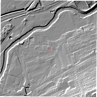 Shaded relief map of the ground around S651SD, computed from Environment Agency LiDAR. The ground here sits at about 25 m above sea level and falls 52 m across the surrounding 800 m. Surface water reaching this point runs off ground lying to the south-east, 9.3 m higher.