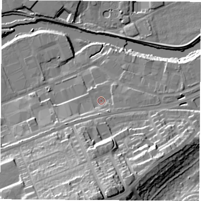 Shaded relief map of the ground around S651SE, computed from Environment Agency LiDAR. The ground here sits at about 26 m above sea level and falls 35 m across the surrounding 800 m. Surface water reaching this point runs off ground lying to the south-west, 5.2 m higher.