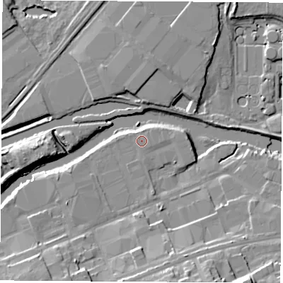 Shaded relief map of the ground around S651SJ, computed from Environment Agency LiDAR. The ground here sits at about 24 m above sea level and falls 19 m across the surrounding 800 m. The ground contributing surface water to this point lies to the north.