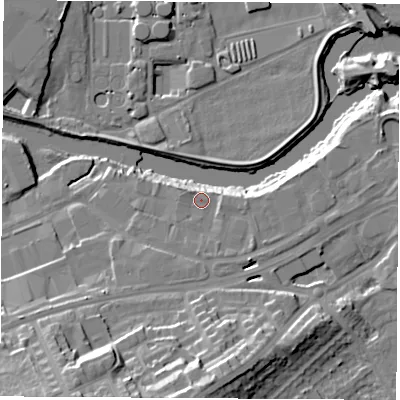 Shaded relief map of the ground around S651ST, computed from Environment Agency LiDAR. The ground here sits at about 25 m above sea level and falls 24 m across the surrounding 800 m. Surface water reaching this point runs off ground lying to the south-east, 2.3 m higher.