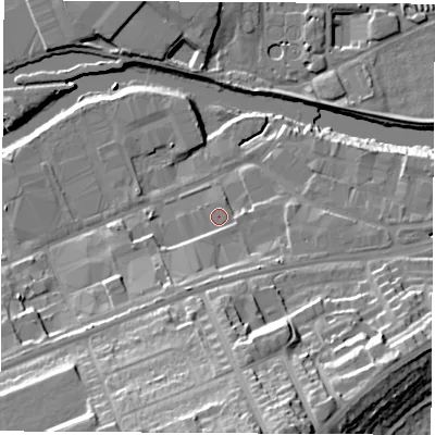 Shaded relief map of the ground around S651SU, computed from Environment Agency LiDAR. The ground here sits at about 25 m above sea level and falls 32 m across the surrounding 800 m. Surface water reaching this point runs off ground lying to the south, 1.4 m higher.