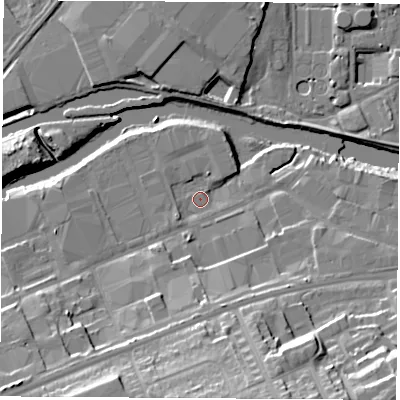Shaded relief map of the ground around S651SX, computed from Environment Agency LiDAR. The ground here sits at about 23 m above sea level and falls 25 m across the surrounding 800 m. Surface water reaching this point runs off ground lying to the south, 1.8 m higher.