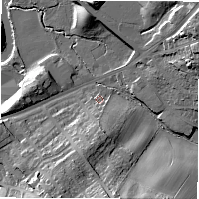 Shaded relief map of the ground around S653EQ, computed from Environment Agency LiDAR. The ground here sits at about 26 m above sea level and falls 36 m across the surrounding 800 m. Surface water reaching this point runs off ground lying to the south, 5.0 m higher.